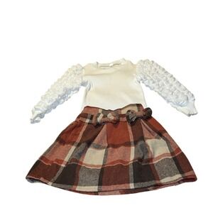 Kids Girls Size 6 White Ribbed Ruffle Sleeve Top Plaid Bow Skirt Outfit Set